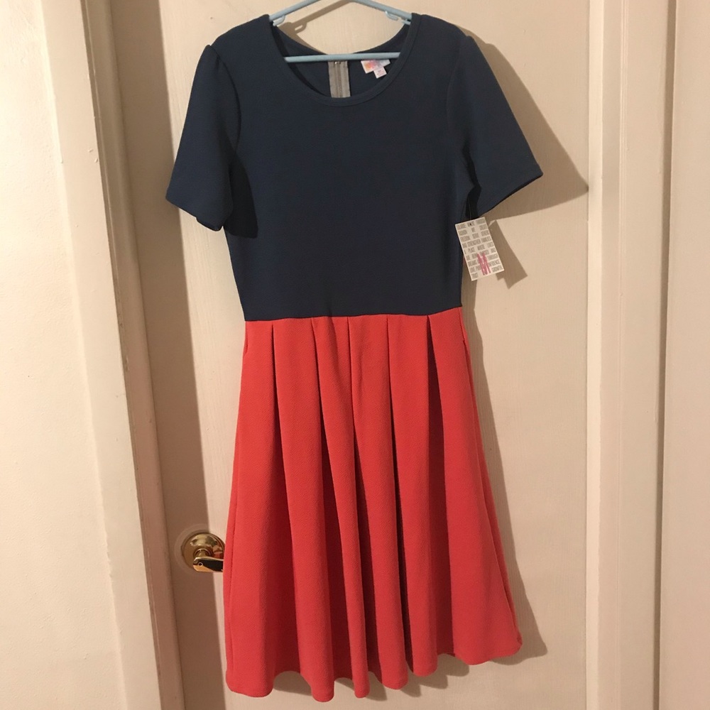 NWT LulaRoe Amelia Dress-Blue/Coral-Size Medium